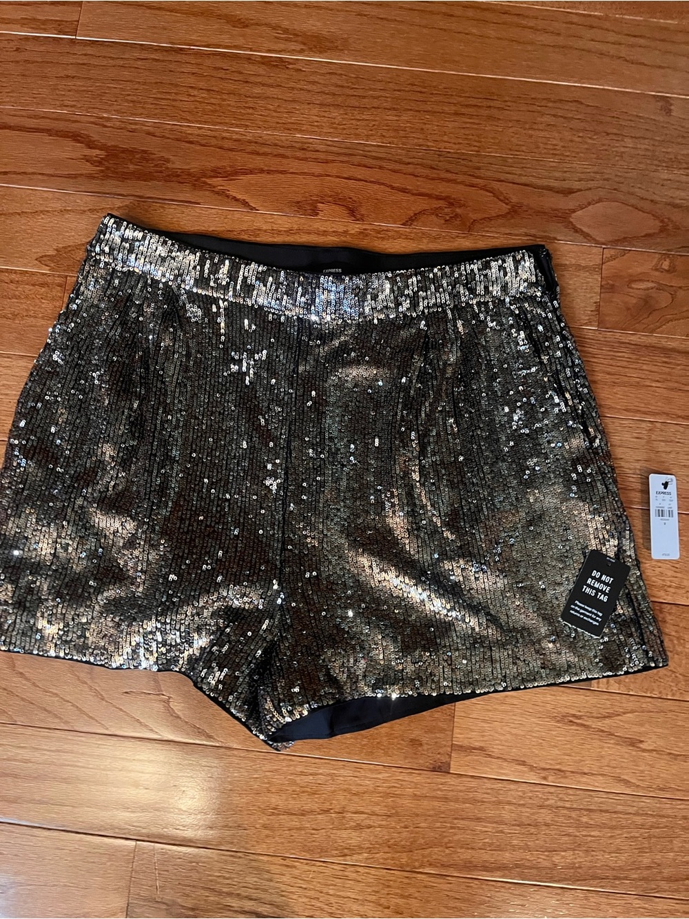 Express Metallic Sequin High-Waist Shorts in Gold